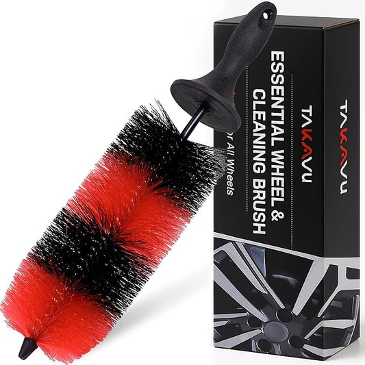 (Upgraded) TAKAVU Premium Wheel & Tire Brush, Long Bristle Detailing Brush for Effortless Rim & Tire Cleaning, Non-Slip Handle, Built-in Knuckle Guard, Deep Reach for Brake Dust & Dirt Removal (Red)