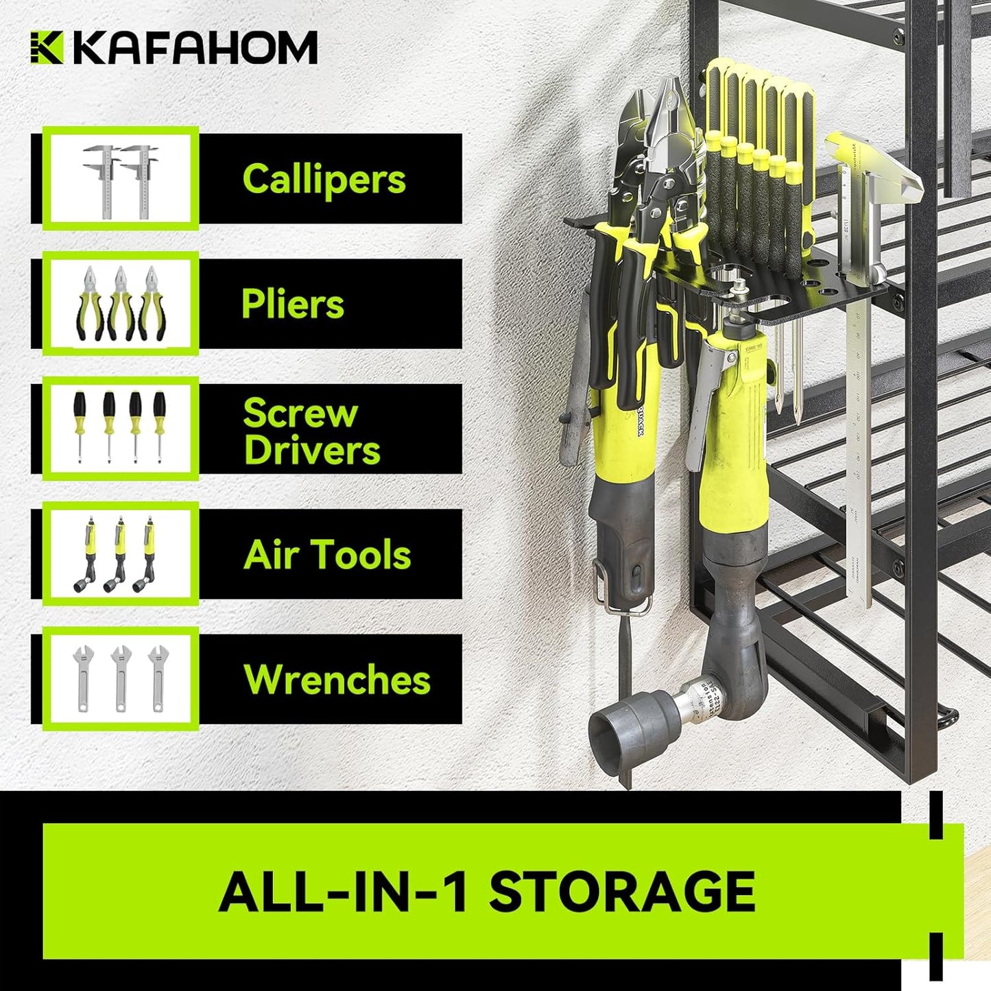 KAFAHOM Large Power Tool Organizer Wall Mount-13 Drill Holder for Garage,4 Layer Power Tool Rack,Tool Organizer and Storage with 2 New Accessories, Gifts Idea for Men Dad Husband