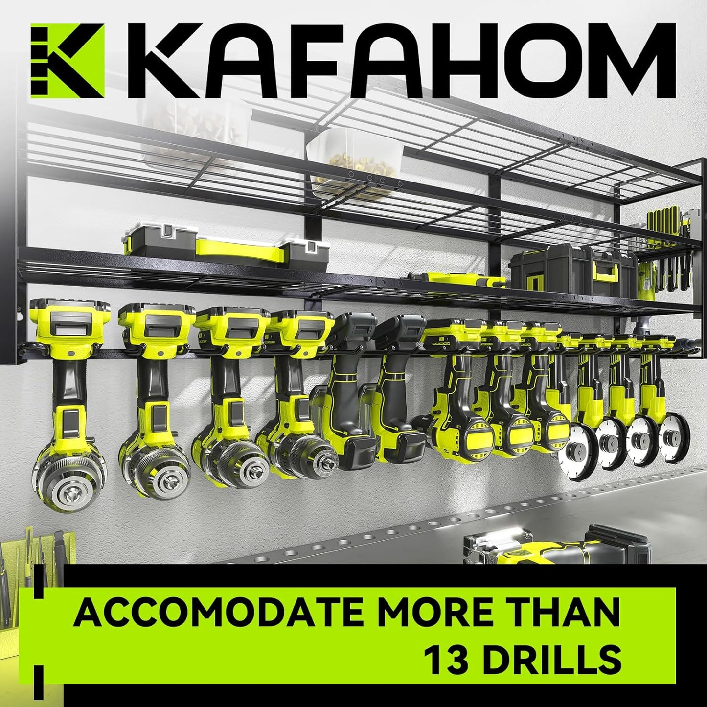 KAFAHOM Large Power Tool Organizer Wall Mount-13 Drill Holder for Garage,4 Layer Power Tool Rack,Tool Organizer and Storage with 2 New Accessories, Gifts Idea for Men Dad Husband