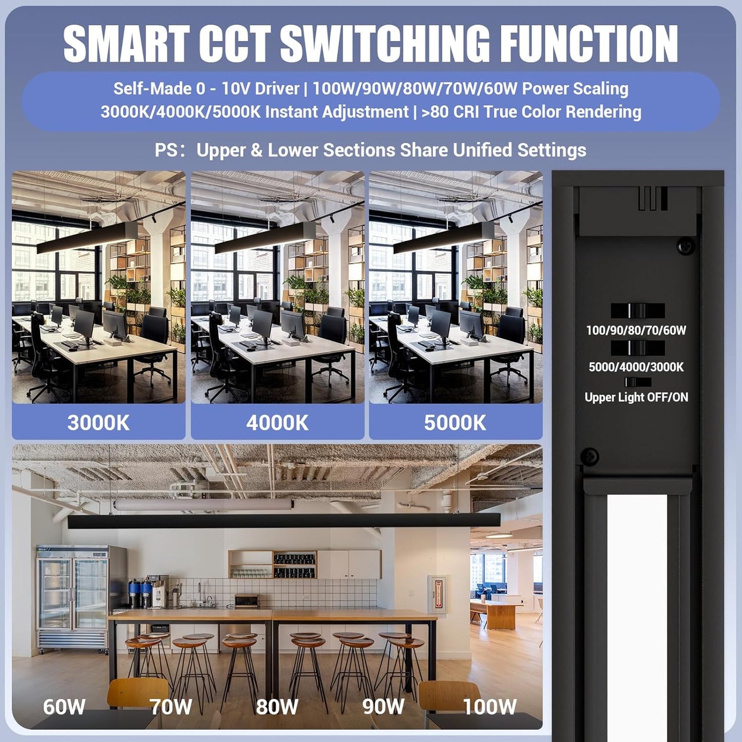 8FT LED Linear Light,100/90/80/70/60W Up and Down Light, 3000/4000/5000K CCT,Commercial And Residential Linear Lights Fixture for Office,Pendant Lights for Home,Shop,Garage,Basement,School-4Pack