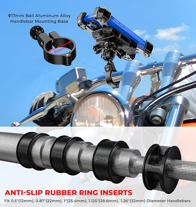 Motorcycle Phone Mount with Vibration Dampener, 1s Lock Bike Phone Holder with Aluminum Alloy Handlebar Mounting Base, One-Handed Operation Motorcycle Cellphone Mount for 5.5"-7.2" Smartphone