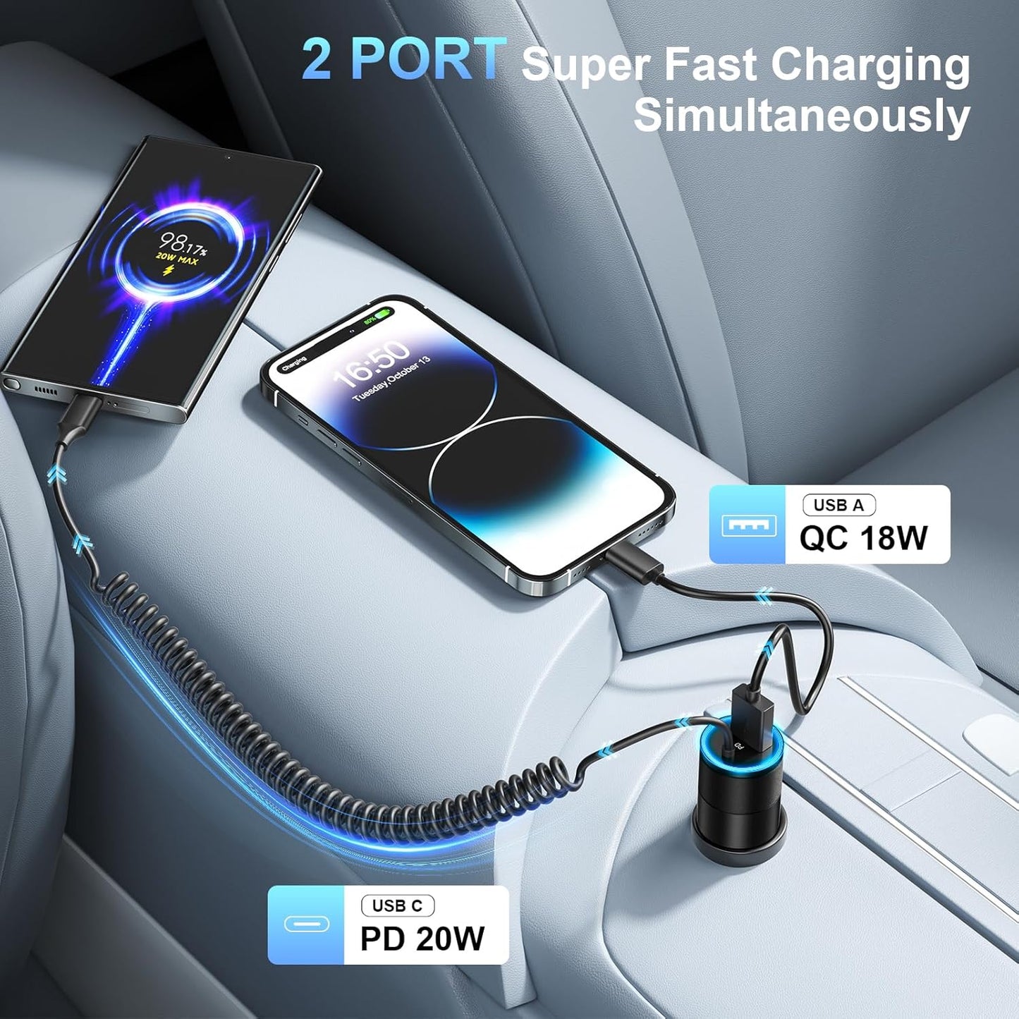 USB C Car Charger Fast Charge,2-Pack 38W PD 3.0 USB C Cigarette Lighter USB Charger with 3.5FT Type C Cable,Car Adapter Compatible with Samsung S25/S24/S23/S22 Ultra,iPhone 16 15 Pro Max SE,iPad,Pixel