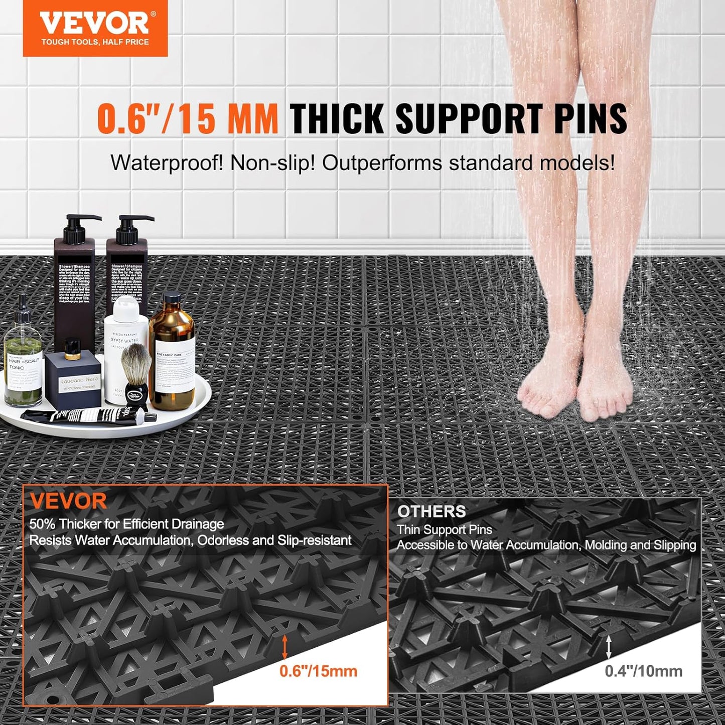 VEVOR Interlocking Tile 50PCS Black, Drainage Tiles 12" x 12" Splicing, Soft PVC Interlocking Drainage Floor Tiles, Non-Slip Drainage Holes for Restroom, Bathroom, Kitchen, Pool, Wet Areas