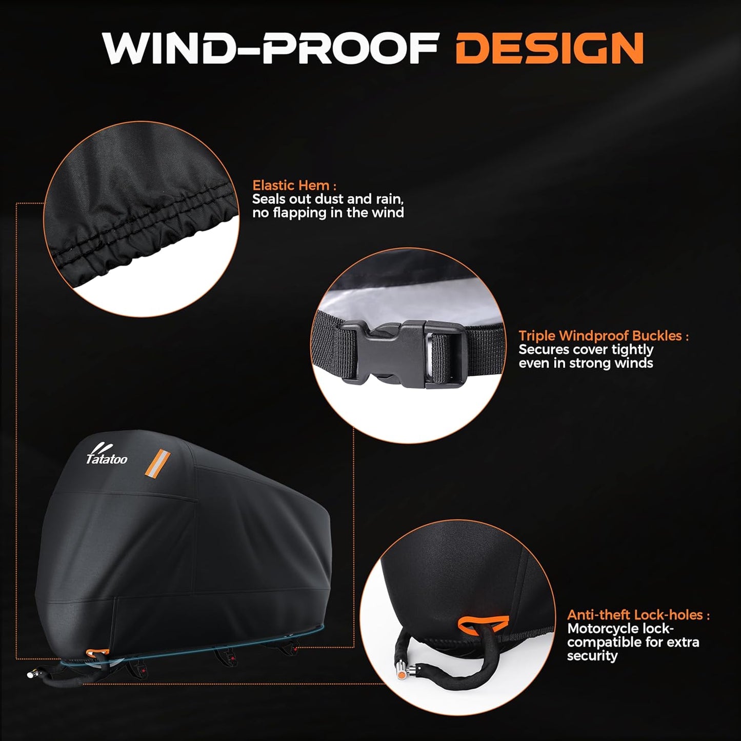 Motorcycle Cover Waterproof Outdoor, 300D Heavy Duty, UV & Rain Resistant, Windproof with 3 Buckles, Fits Most Motorcycles, Cruisers, Sportbikes, Dirt Bikes, Scooters up to 112.2"- 4XL Size