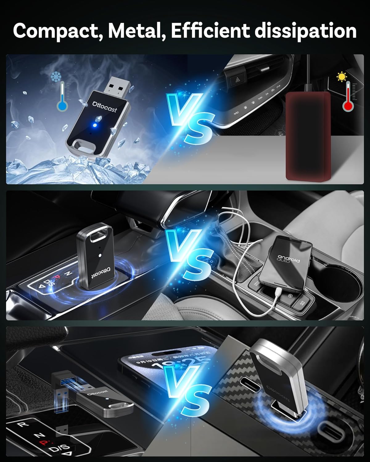 OTTOCAST Mini 2025 Wireless Carplay Adapter & Android Auto Wireless Adapter for Apple iPhone Samsung Android Phone 2-in-1, USB Car Accessories with 5 GHz Wi‑Fi Bluetooth 5.0 Voice Control Plug & Play