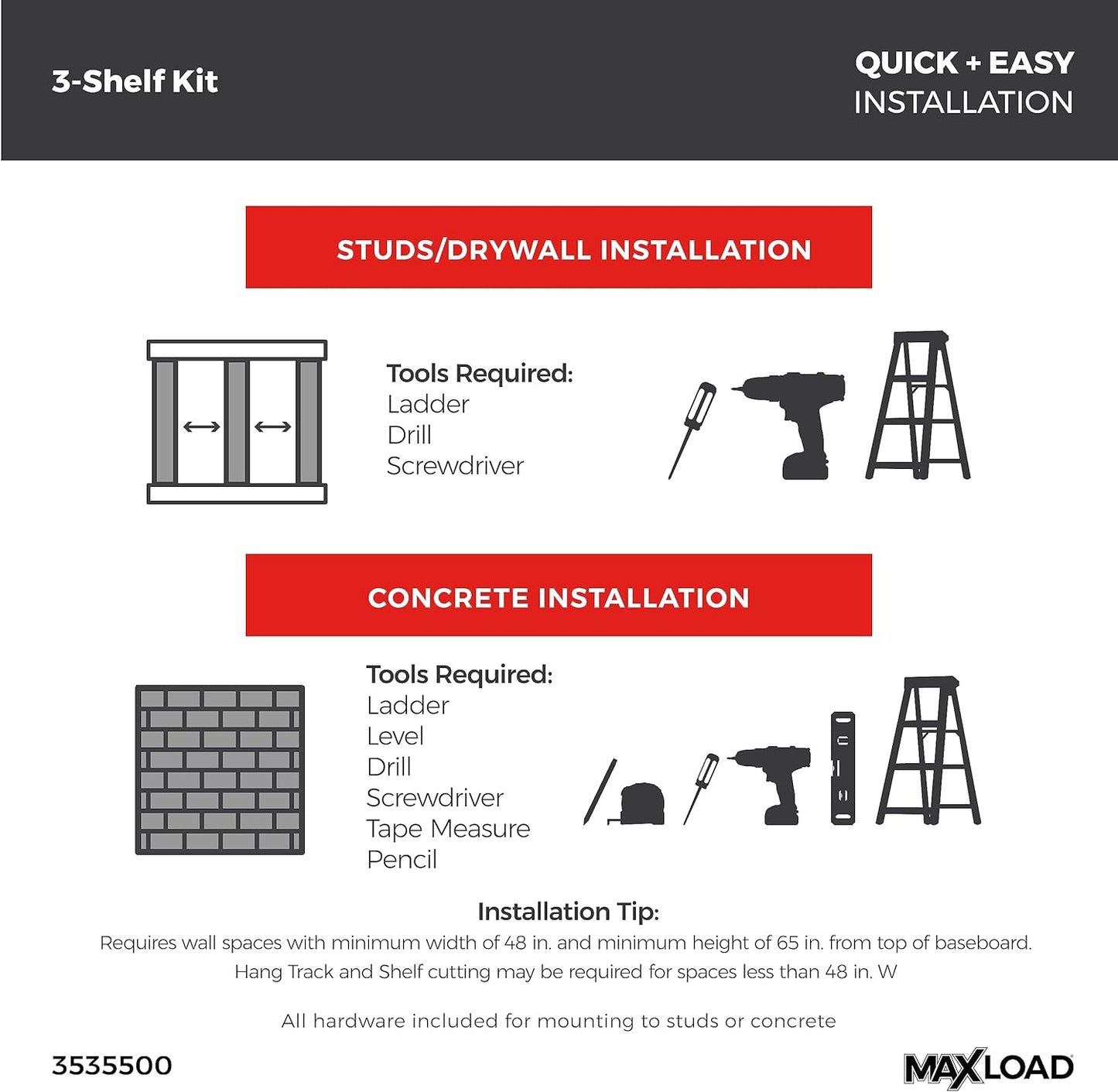 ClosetMaid MaxLoad Heavy Duty Wall Shelf Kit for Garage, 3 Shelves, Adjustable ShelfTrack Wire Shelving, Black Finish