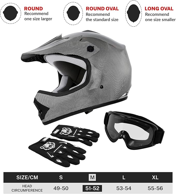 XFMT DOT Youth Kids Dirt Bike Helmet Full Face Motocross Helmets for Off-Road ATV Street Bike Four Wheeler Motorcycle with Goggles & Gloves (Carbon Fiber, Medium)