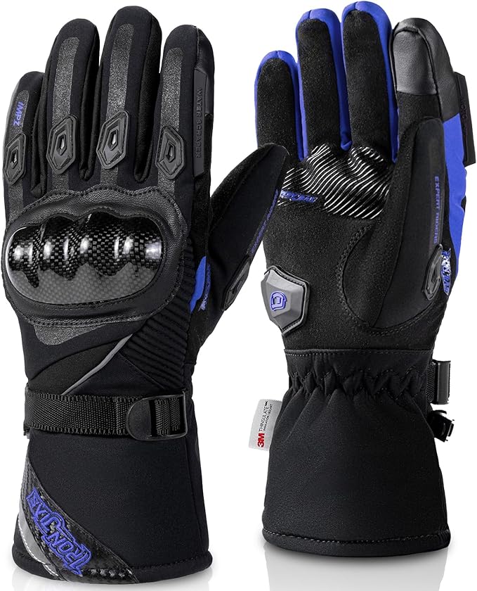 BORLENI Winter Motorcycle Gloves for Men, CE Level 1 KP Protection, Touchscreen Windproof Waterproof Warm Riding Gloves with Carbon Fiber Shell for Cold Weather