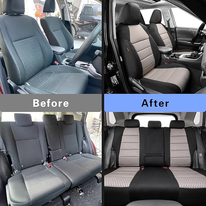 coverdream Rav4 Hybrid Seat Covers Custom Fit for 2019-2025 Toyota Rav4 Hybrid (Not for XSE/SE/Plug-in Hybrid),Full Coverage,Airbag Compatible,Polyester Car Seat Protector(Full Set,Black & Beige)