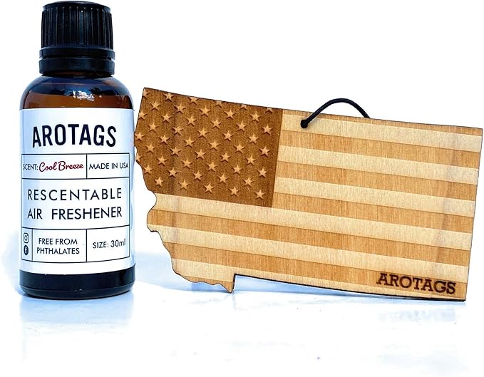 Arotags Car Air Freshener - Reusable Wood Diffuser - Hanging Odor Eliminator - Montana Patriot - Cool Breeze Scent