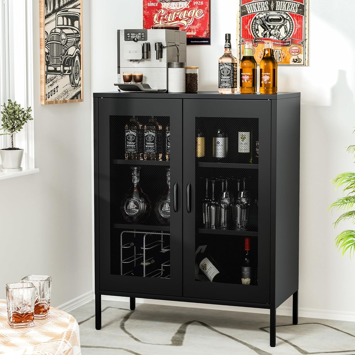 Metal Storage Cabinet with Mesh Doors and Shelves,Multipurpose Storage Rack, 3-Tier Office Cabinet,Metal Locker Style Accent for Home Office,Living Room,Kitchen (Black-mesh, 40''H)