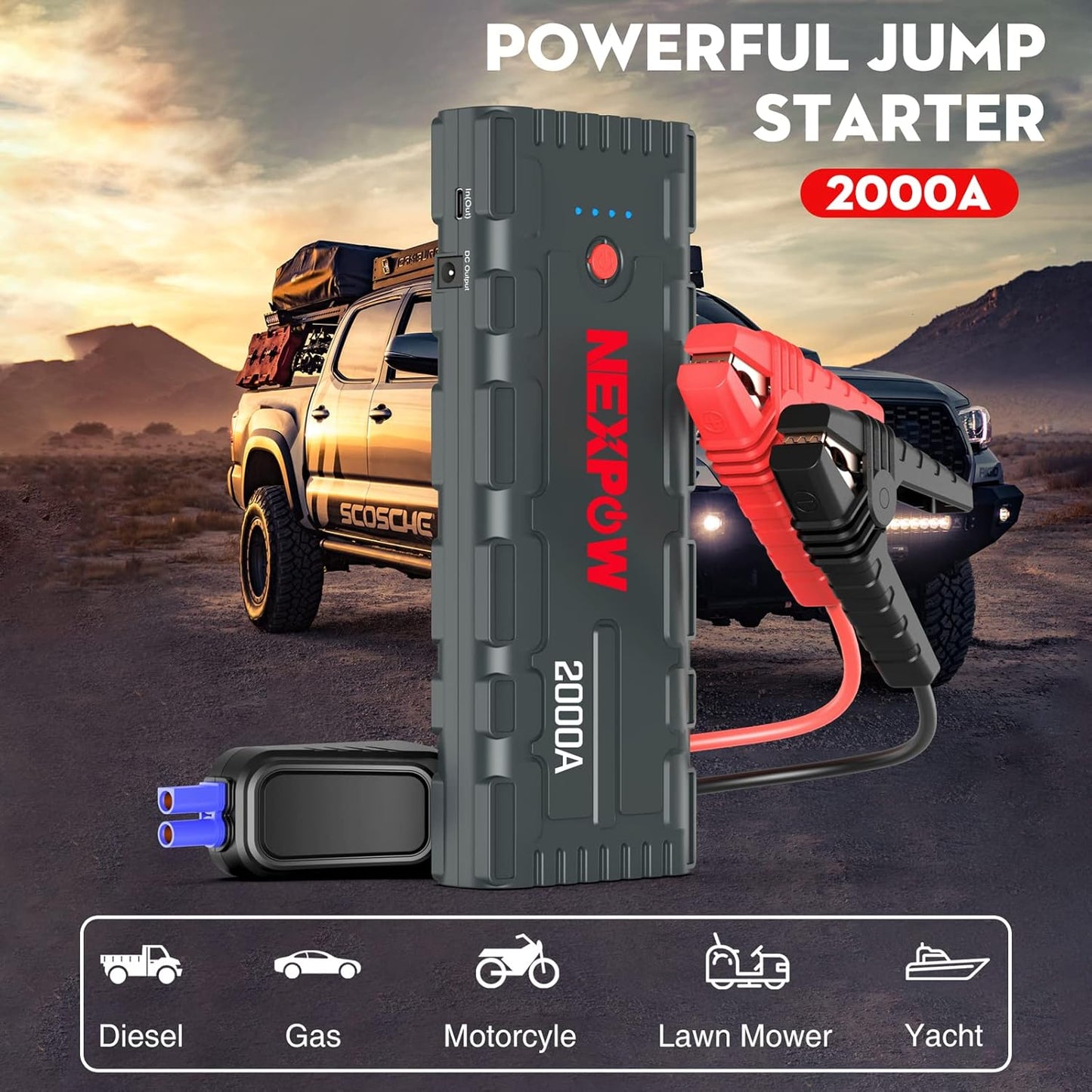 NEXPOW 2000A Peak Car Battery Jump Starter with USB Quick Charge 3.0 (Up to 7.0L Gas or 6.5L Diesel Engine), 12V Portable Battery Starter, Battery Booster with Built-in LED Light