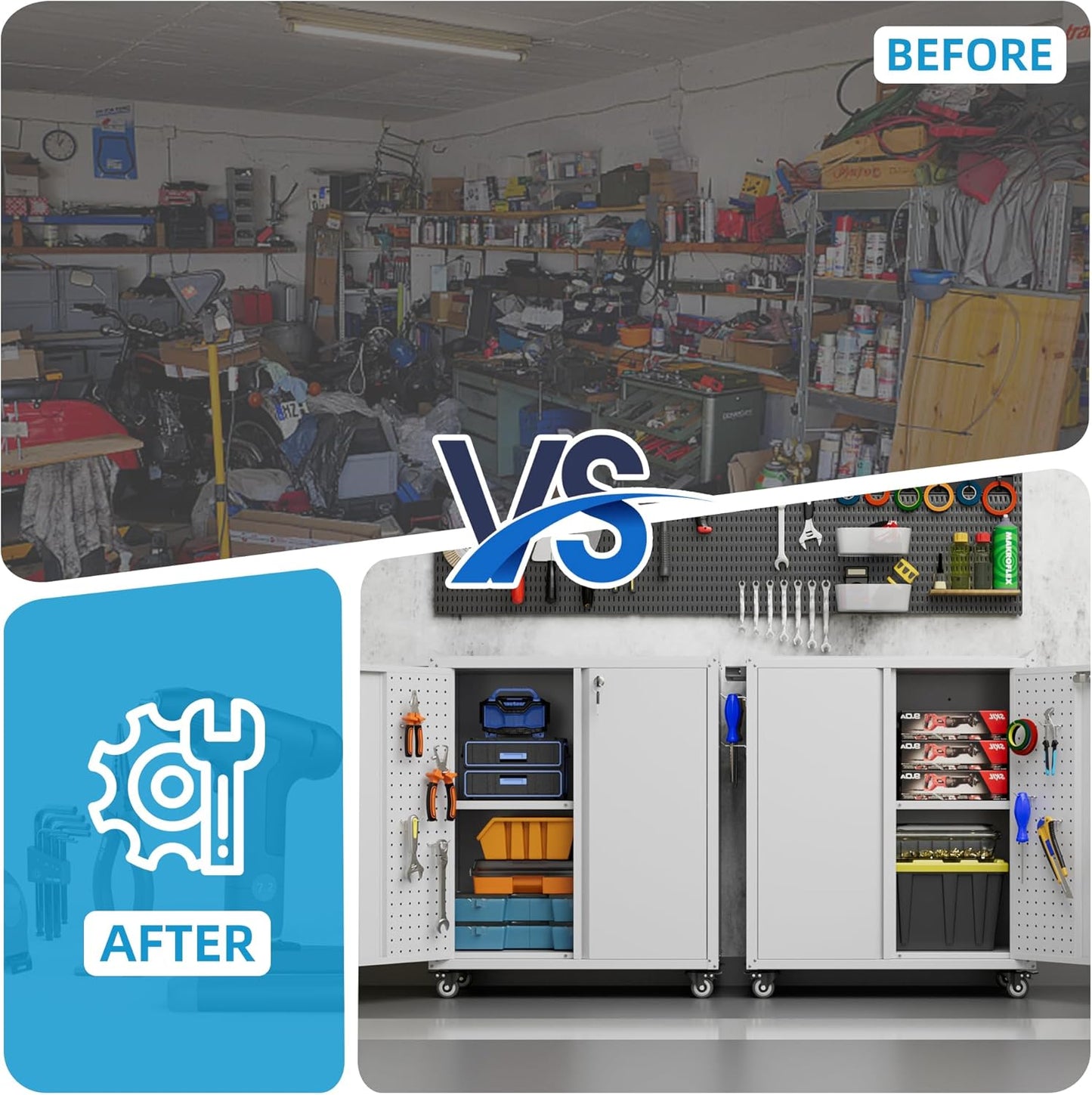 Metal Storage Cabinet with 2 Doors and 4 Hooks,34" H Top Workbench Mobile Tool Chests Garage Cabinets with 4 Wheels and Lock/Push Arm for Home,Office,Shop(White)