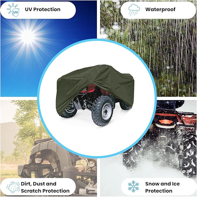 EliteShield Lightweight ATV Cover, Weatherproof Quad Cover, Water and Wind Resistant Four Wheeler Cover, Riding Lawn Mower Cover, Olive Drab Color fits 65" Long