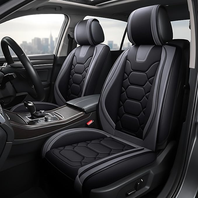 OASIS AUTO Car Seat Covers Front Seats, Waterproof Faux Leather Seat Covers for Cars Universal Fit for SUV, Truck, Sedan, Black Premium Car Seat Protector with Cushions (OS-004 Black&Gray)