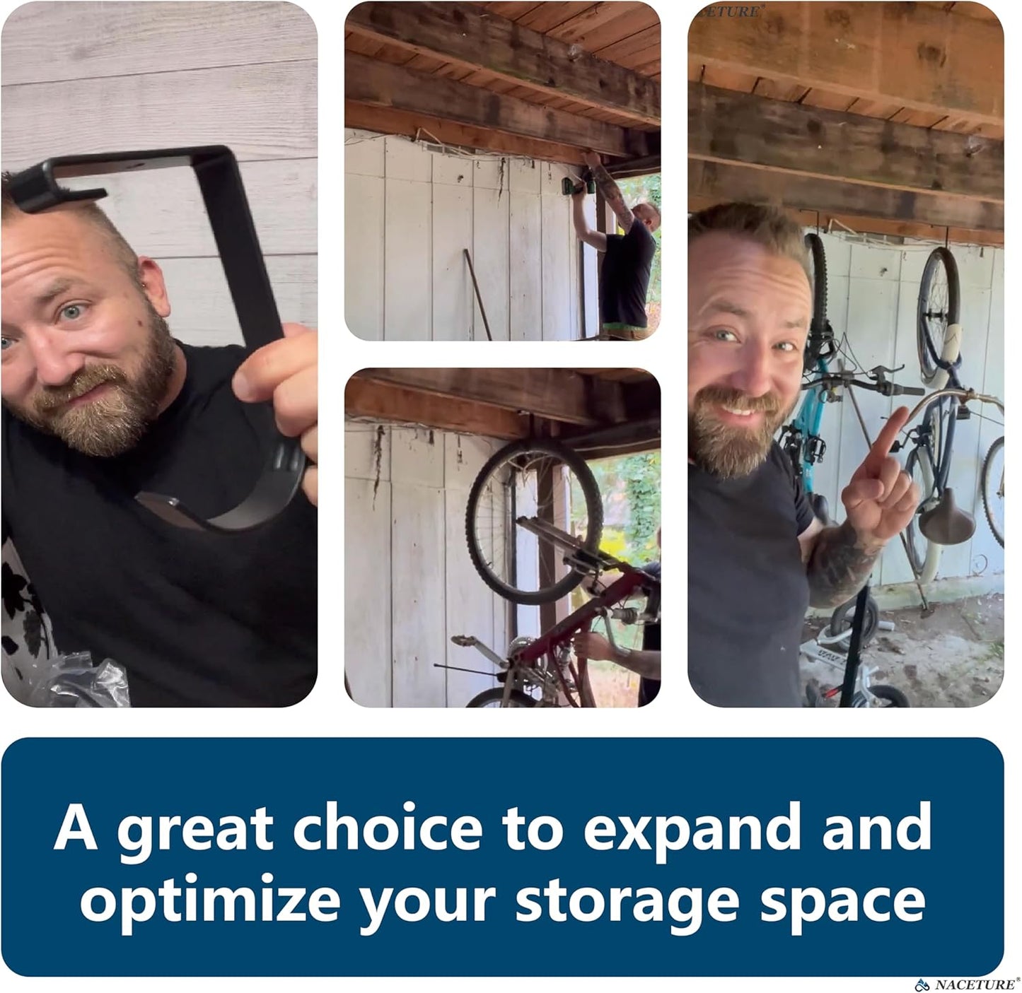 Bike Hooks for Garage Ceiling Mount Rack – Heavy Duty 4X8 Overhead Garage Storage Rack for Ceiling Hanging Bicycle Shelves, Add on Storage Flat Hooks Accessory and Wall Hanger (Flat Hook 8 Pack)