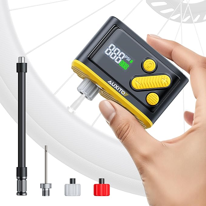 AUXITO AB1 Tiny Bike Pump, Mini Electric Bicycle Pump with Guage 20s Fast Inflate, 120PSI Bike Tire Pump with Presta & Schrader Valve Adaptor, Bike Accessories for Road Mountain Bike, E-Bike (0.48lb)