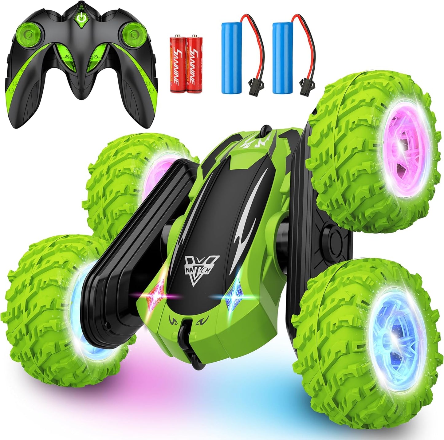 KKONES Remote Control Car, 2.4GHz Electric Race Stunt Car, Double Sided 360° Rolling Rotating Rotation, LED Headlights RC 4WD High Speed Off Road Gift for 3 4 5 6 7 8-12 Year Old Boy Toys (Green)