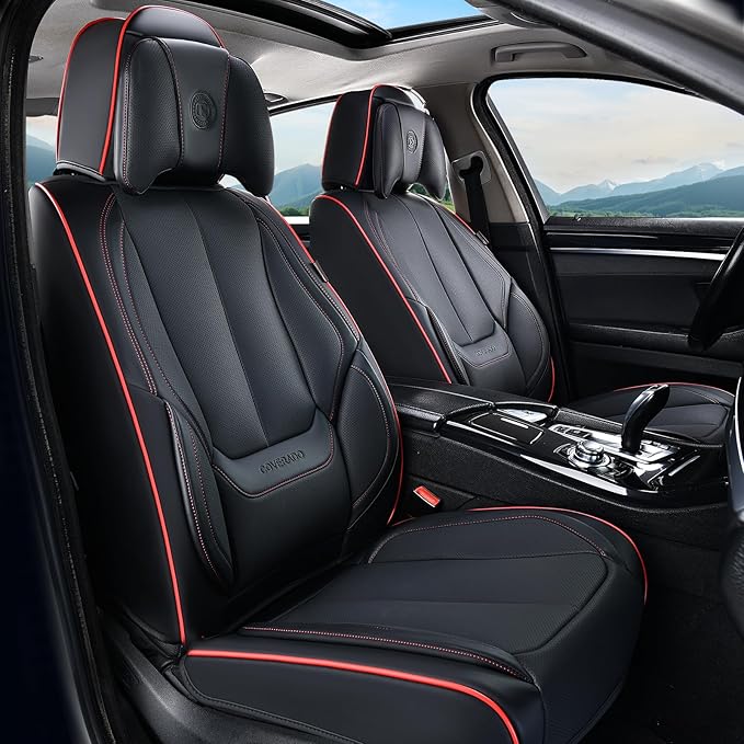 Coverado Universal Seat Covers Front, 2-Pack Universal Seat Covers for Cars, Waterproof Nappa Leather Car Seat Covers with Head Pillow, Auto Protectors Fit for Most Sedans Pick-up Truck-Black&Redline