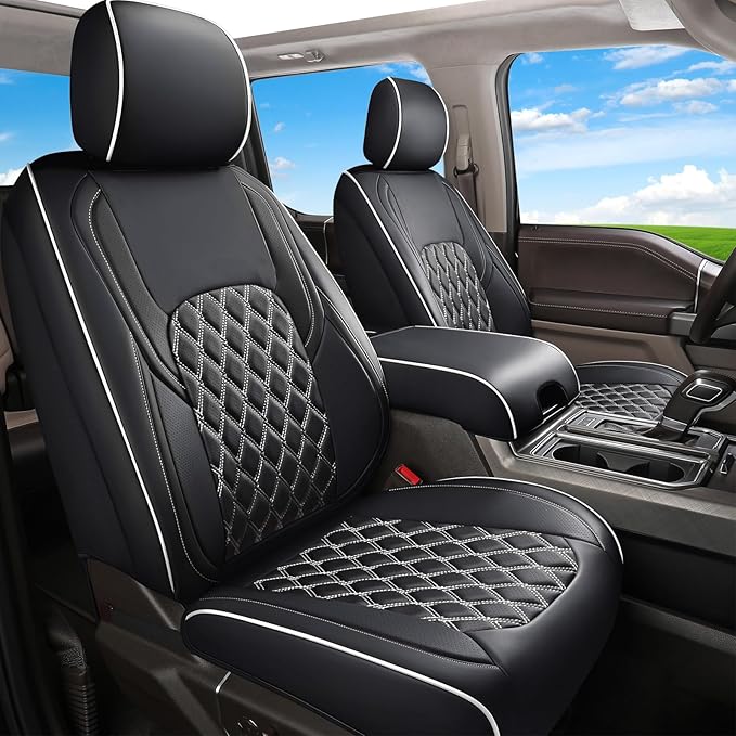 Huidasource F150 Front & Back Leather Seat Covers Accessories Fit for 2015-2025 F150 SuperCrew & 2017-2025 F250 F350 F450 Super Duty Crew Cab XL XLT Lariat King Ranch Platinum(Full Set/Black&White)
