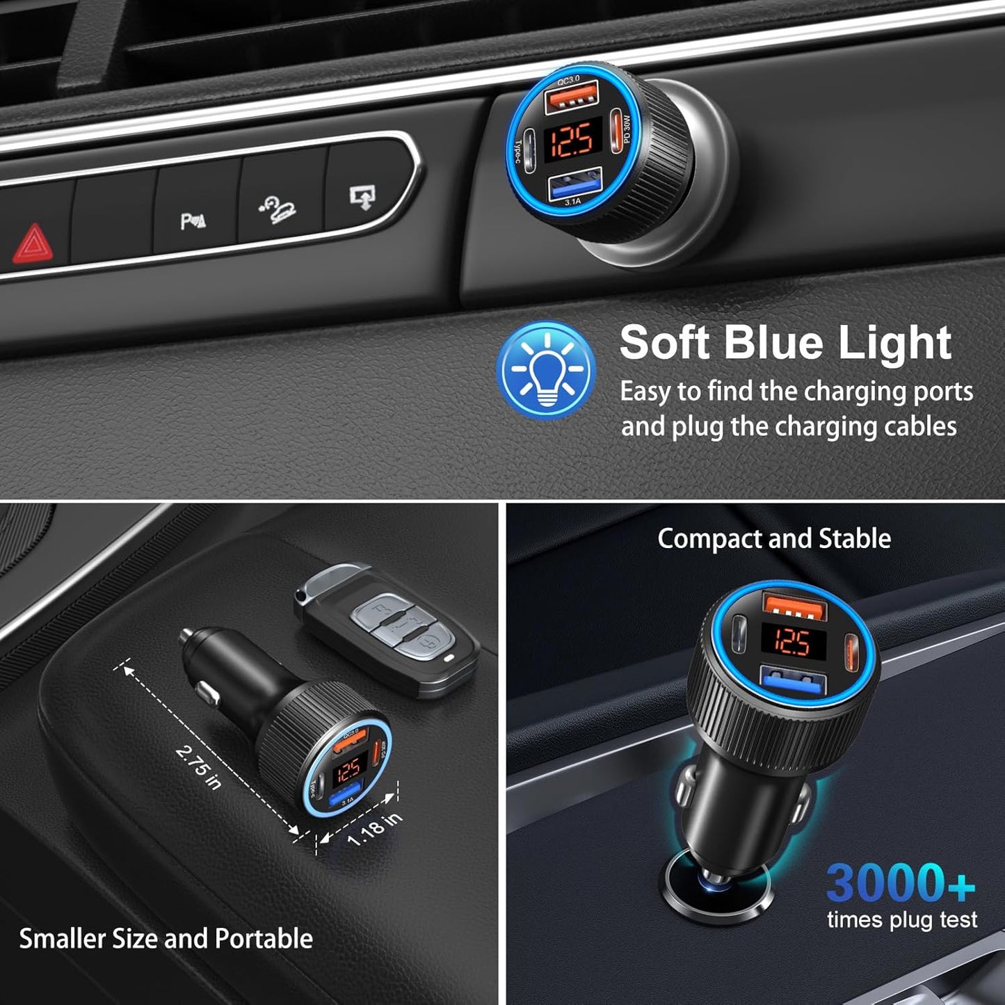 USB C Car Charger, Costyle 65W Dual USB-C & USB-A Multi Port Cigarette Lighter Adapter with Voltmeter QC/PD 3.0 Fast Charging 12V Car Phone Charger for iPhone 16 15 14 13 12 11 Pro Max Samsung(Black)