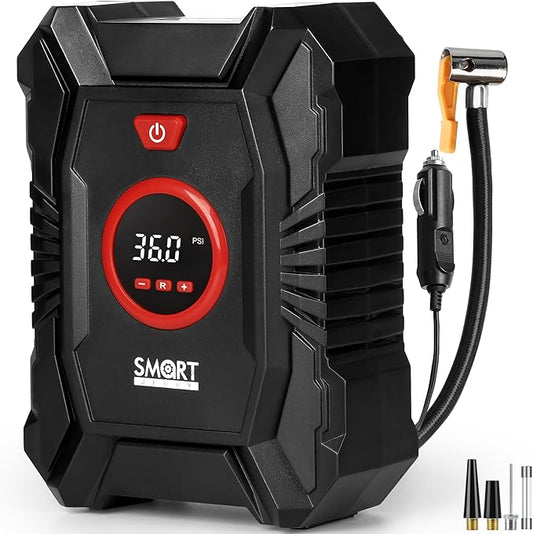 SMART JERRY - 12V Tire Inflator for Car | Digital Tire Inflator Portable Air Compressor for Truck | w/Auto Shut-Off & LED Light & Pressure Gauge | Max 100 PSI Compact Design