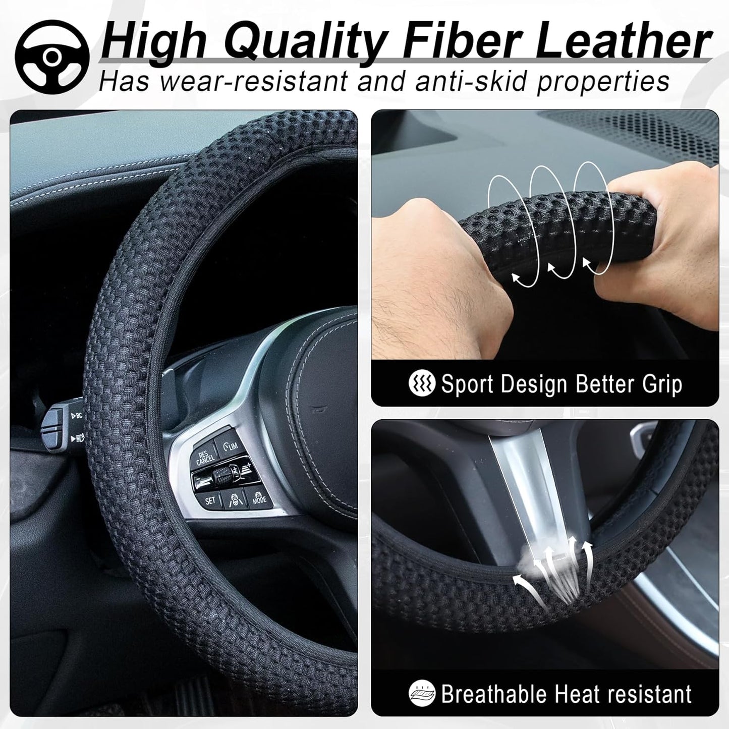 alpmosn Elastic Stretch Steering Wheel Cover, Universal Interior Accessories Steering Wheel Cover for Women & Men, Breathable Microfiber Ice Silk, Anti-Slip, Odorless, Easy Carry(Black)