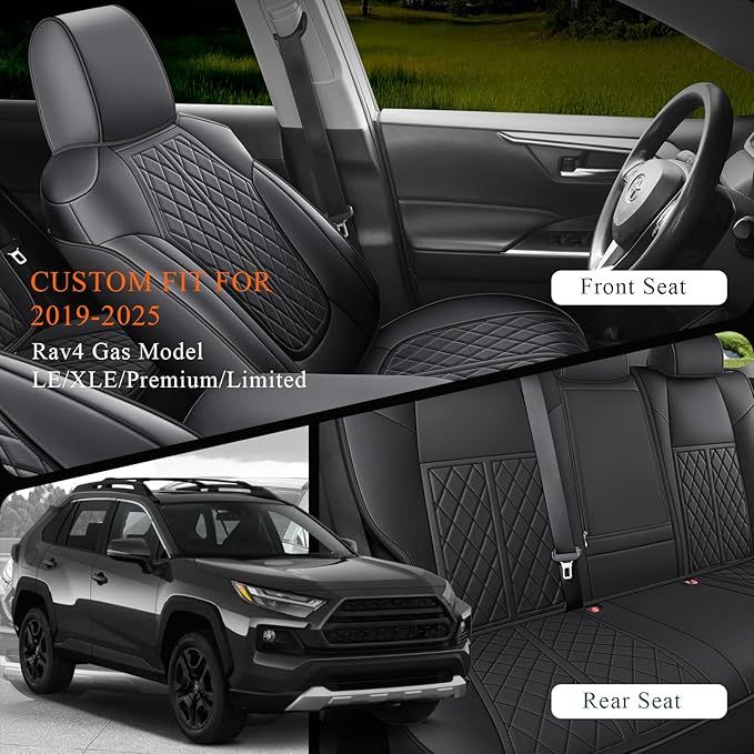 Rav4 Seat Covers Custom Fit for Toyota Rav4 Full Set Faux Leather Car Seat Covers Waterproof Full Coverage (Black, Gas Model 2019-2025 LE/XLE/Premium/Limited)