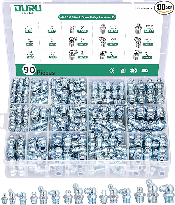 Grease Fittings Assortment, 90PCS SAE & Metric Zerk Grease Fittings NPT 1/4" 1/8" M6 M8 M10, Straight 45 90 Degree Grease Nipple for Grease Gun