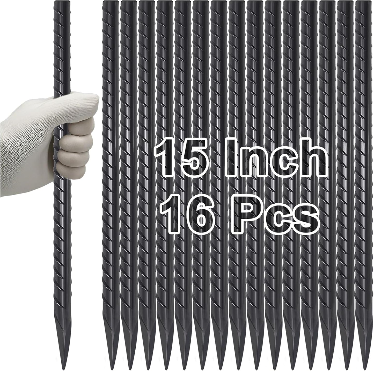 VVOKGO Rebar Stakes 15 Inches Ground Concrete Form Stakes (16pcs), 3/8" Diameter Straight Metal Spikes Heavy Duty with Chisel Point End, Steel Anchors for Fence, Concrete Timber, Garden Plants, Black
