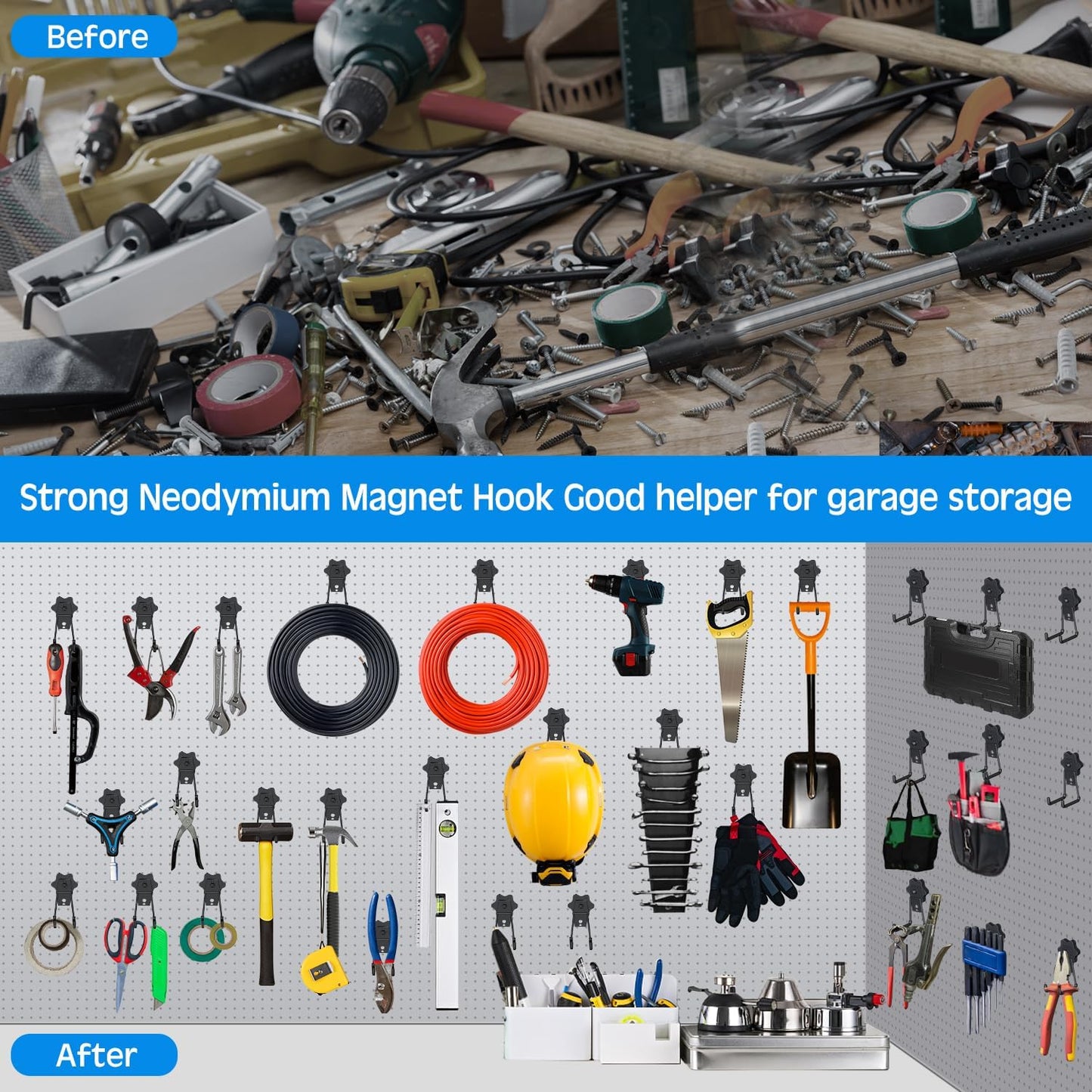 Strong Garage Magnetic Hooks, 2Pcs Large Heavy Duty Magnetic Hook with Anti-Slip, Magnet Hanger for Garage Tools, Hammer, Toolbox, Ropes, Drill