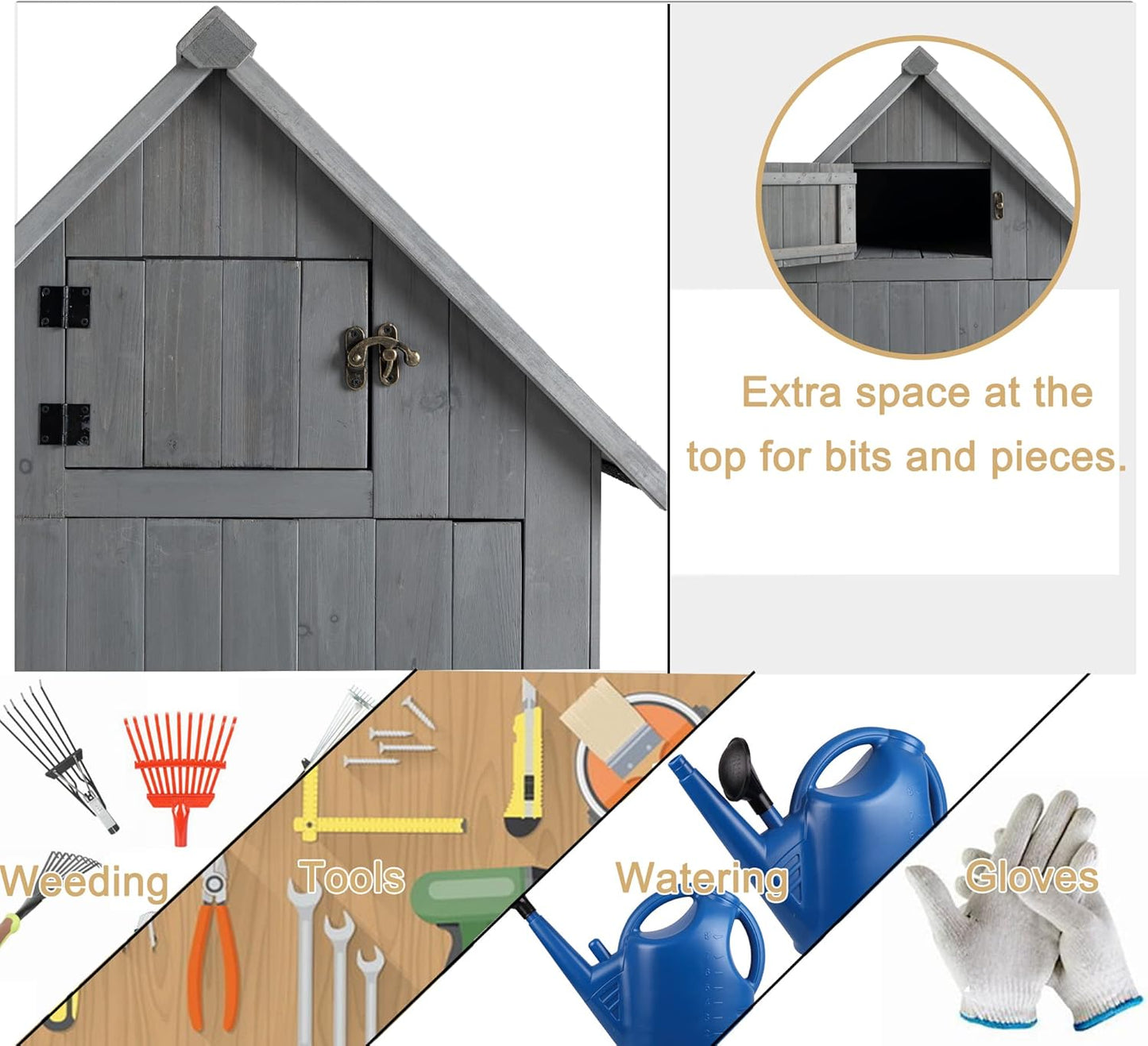 30.3" L X 21.3" W X 70.5" H Outdoor Storage Shed with Waterproof Roof, Solid Fir Wood Frame, and 3 Compartments for Garden Tools, Mower, and Hose,Grey