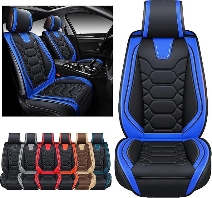 OASIS AUTO Car Seat Covers Front Seats, Waterproof Faux Leather Seat Covers for Cars Universal Fit for SUV, Truck, Sedan, Black Premium Car Seat Protector with Cushions (OS-004 Black&Blue)