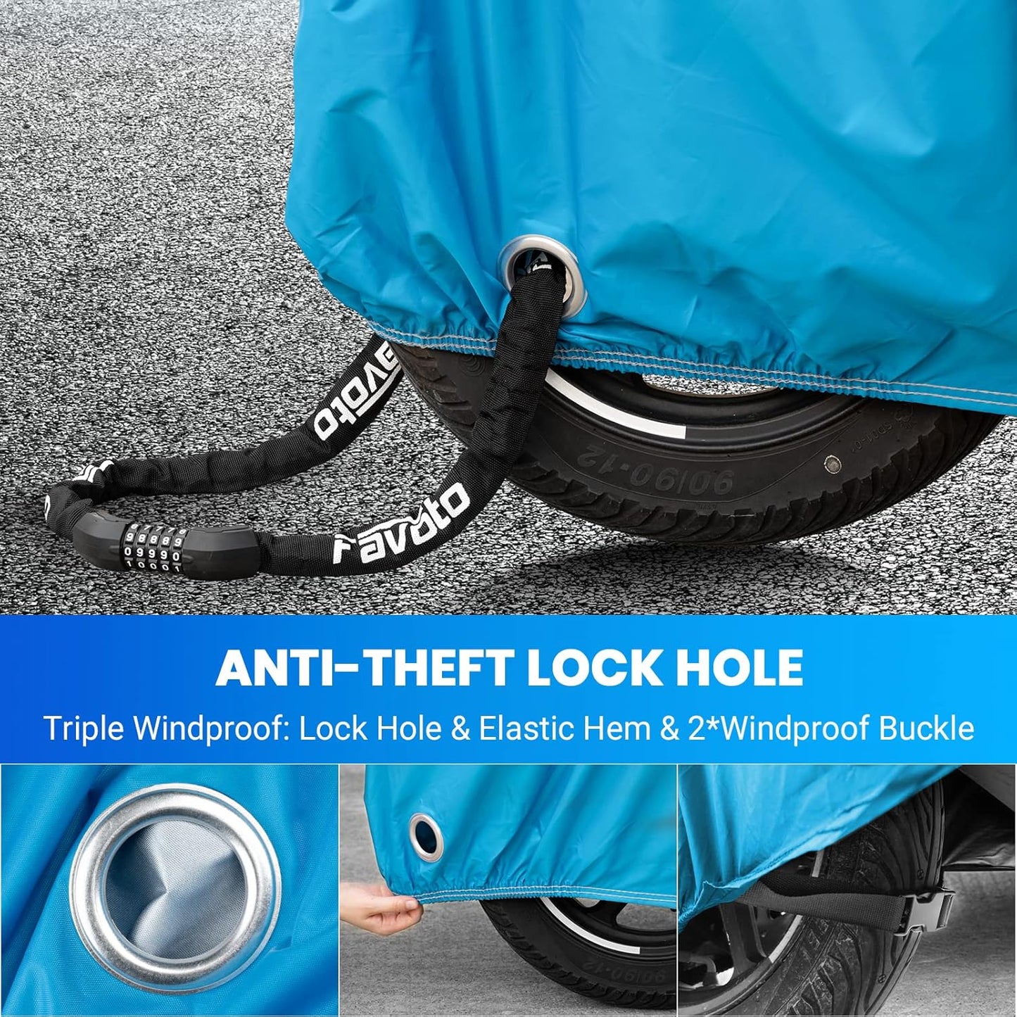 Favoto Motorcycle Cover Waterproof Outdoor - Universal Fit Motorbike Cover with 3 Night Reflectors Lock-Hole Carrying Bag Windproof Dustproof Rain Sun Protection (116 inch Length)