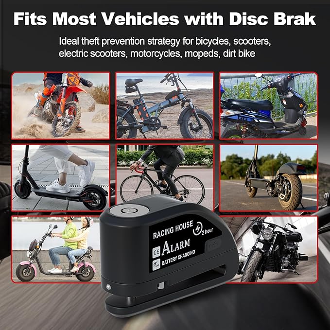 Motorcycle Lock Rechargeable, Alarm Disc Brake Lock with Reminder Cable, 110 dB Alarm Sound, Anti-Theft Waterproof, 2 H Fast-Charging, 9 Months Standby, 7 mm Lock Pin Universal for Bikes