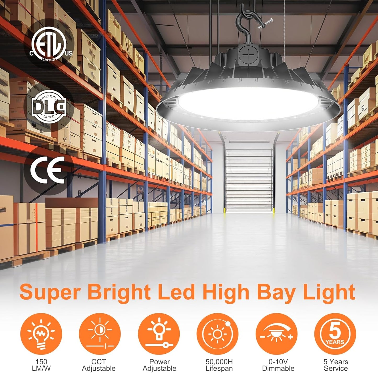 6Pack LED High Bay Lights, 200W UFO High Bay LED Shop Lights, 30000LM Adjustable CCT(5700K 5000K 4500K) & Power(200W 150W 100W), 0-10V Dimmable, 5' Cable Plug, IP65 Waterproof, ETL & DLC Listed