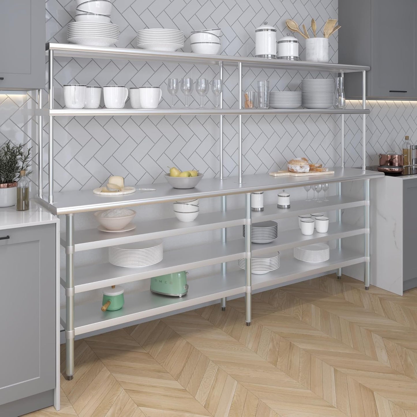 Amgood 18" x 96" Stainless Steel Work Table with 3 Shelves and 12" Wide Double Tier Overshelf | Metal Kitchen Prep Table & Shelving Combo | NSF