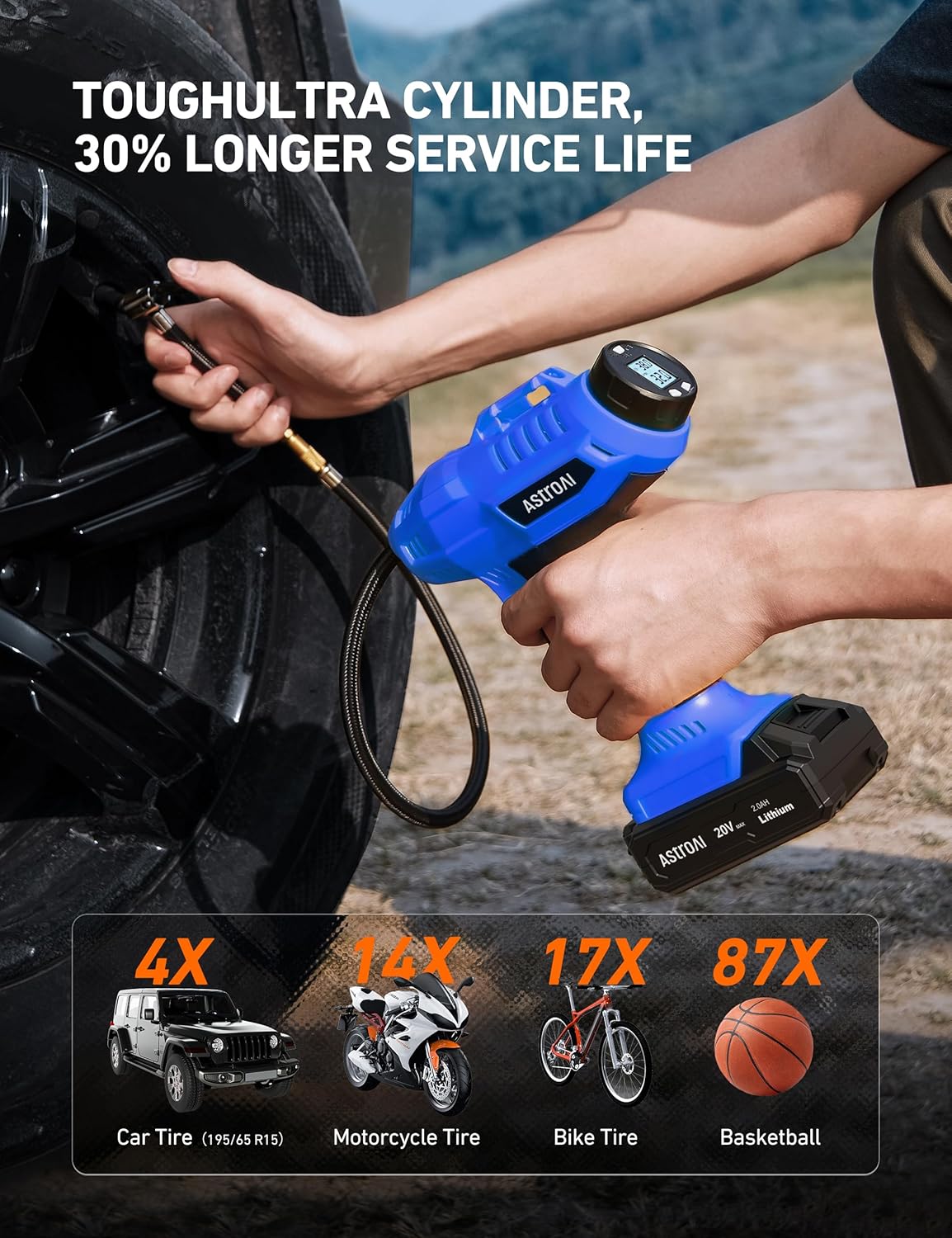 AstroAI C2 Cordless Tire Inflator Air Compressor 20V Rechargeable Battery Powered 160PSI Portable Handheld Air Pump with 12V Car Power Adapter Digital Pressure Gauge for Cars Motorcycles Blue