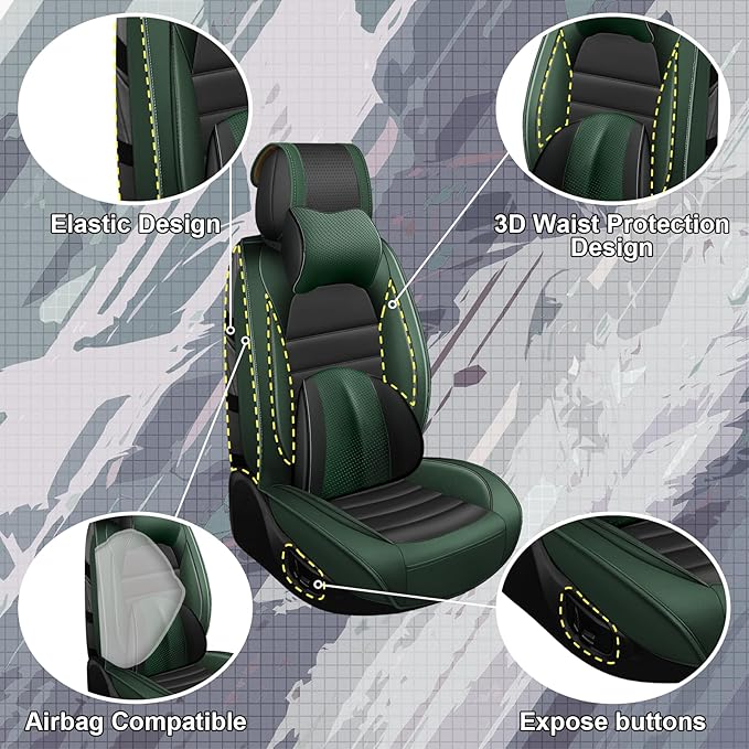 Full Set Car Seat Covers for GMC Sierra 1500/2500/3500 Denali SLT AT4 AT4X Base Seat Covers 2008-2025, Waterproof Premium Nappa Leather Seat Protectors(Luxury 5 Seats/Black&Green)