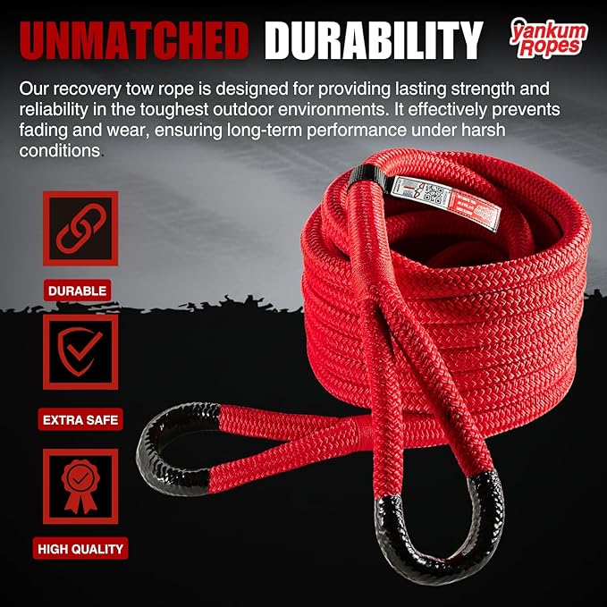 Yankum Kinetic Recovery Rope - Heavy Duty 3/4" x 30' Tow Rope, Off-Road & Vehicle Recovery, Kinetic Energy Ropes for 4x4, Jeep, and Trucks, Made in USA – Rubber Boa Series