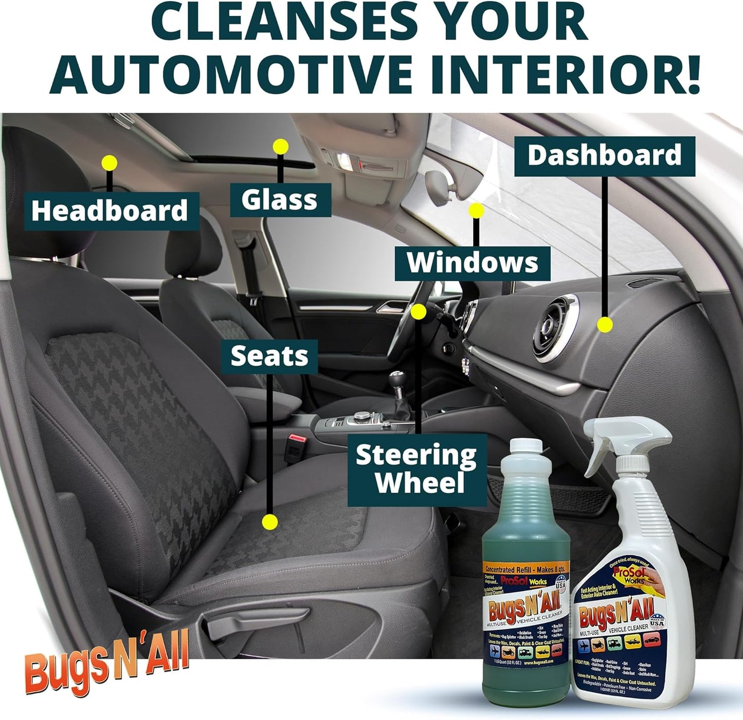 Bugs N’ All Multipurpose Car Cleaner & Degreaser - Bug & Tar Remover Concentrate 32 oz - Exterior Cleaner Safe for Car Paint, Metal, Chrome, Aluminum, Windows & Mirrors - w/Free 32 oz Spray Bottle