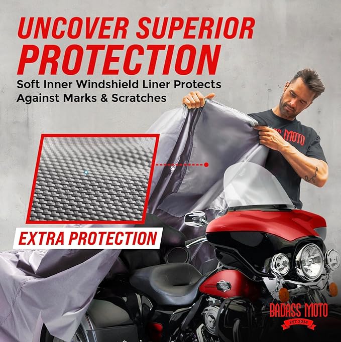 Badass Moto Ultimate Motorcycle Cover Waterproof Outdoor, Heavy Duty Motorcycle Cover for Harleys - Fits Harley Davidson Motorcycle Covers, Street or Sportbike Cover - Light Gray Medium
