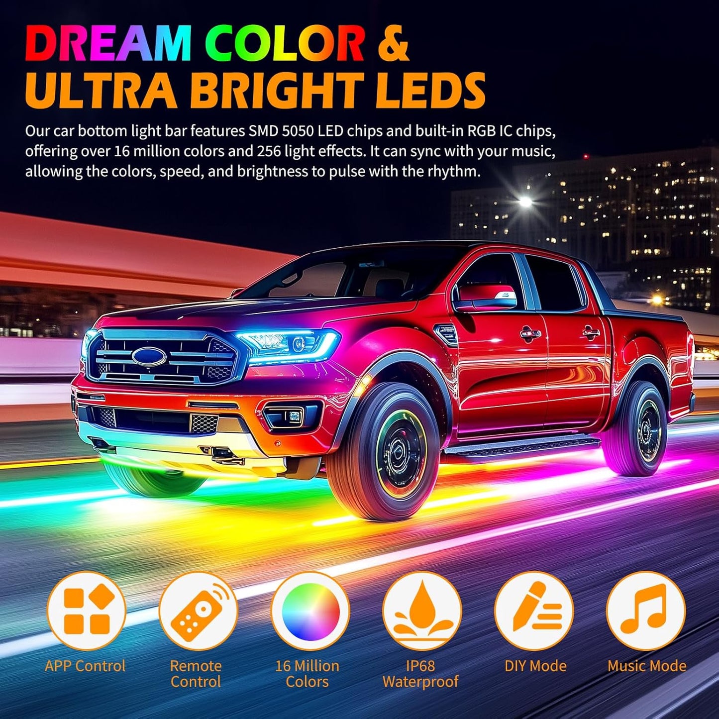 JMTBNO Car Underglow Neon Accent Strip Lights,6pcs Double Row Underglow Exterior Car Lights with APP Control Underbody Compatible with Chevy Silverado 1500 Ford F-150 F-250 F-350