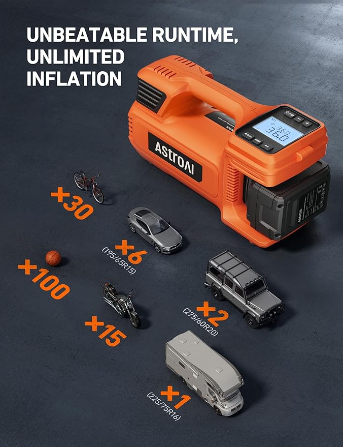 AstroAI TC4 Portable Air Compressor Tire Inflator, 470W 18V Cordless Air Pump for Truck Tires with 4000mAh Battery, 150PSI Heavy Duty Air Compressor with Digital Display for Car, RVs, SUV Gift Orange