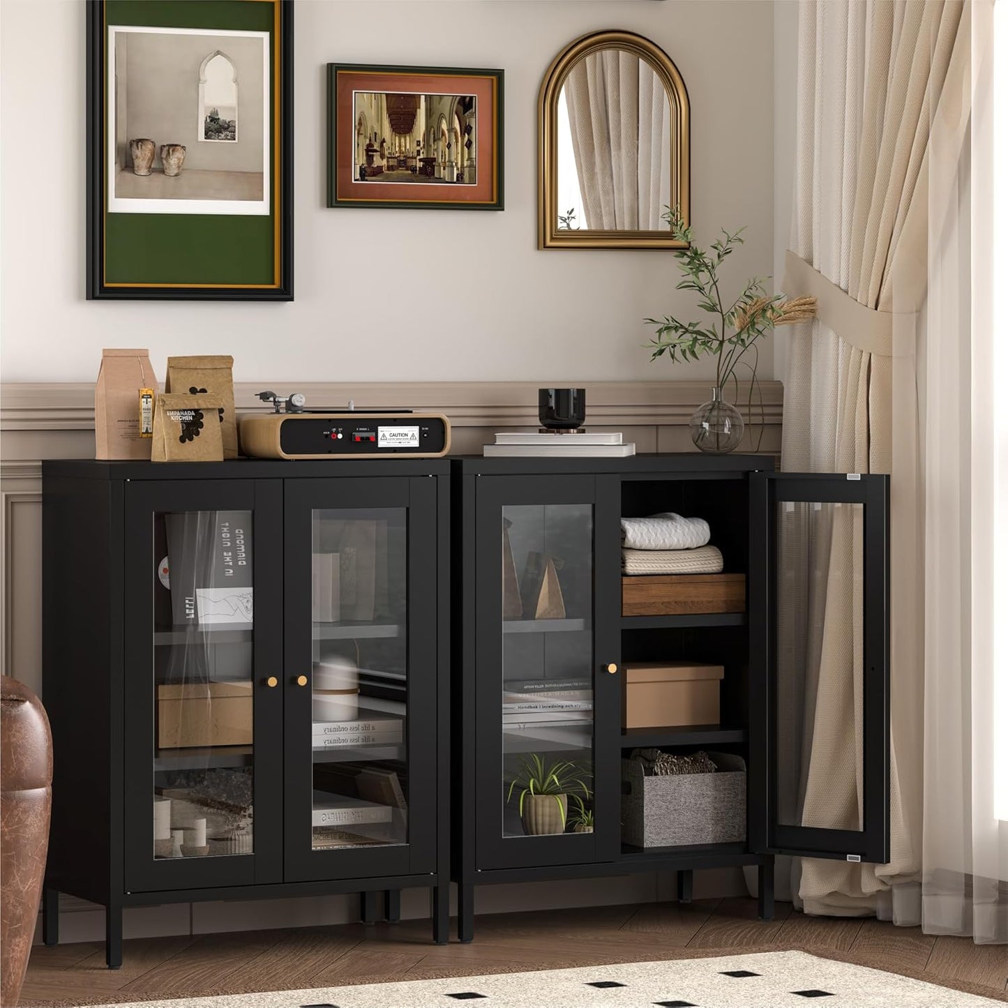 Metal Bathroom Cabinet with Glass Doors,Bathroom Floor Storage Cabinet with 2 Adjustable Shelves & 2 Doors, Sideboard for Small Spaces, Living Room, Dining Room, Home Office