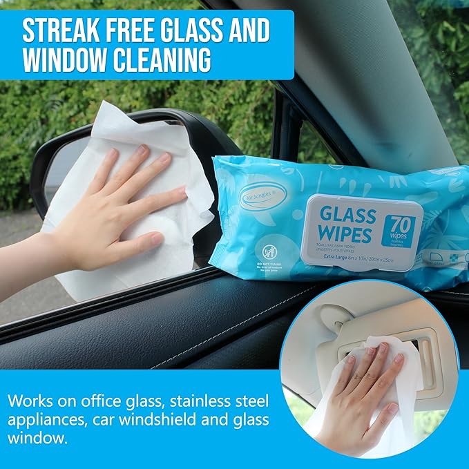 Air Jungles Glass and Window Cleaner Wipes 70 Count (2 Pack), Extra Large 8" x 10" Size Streak Free Cleaning Wipes for Car Windshield, Headlight, Mirror, Tile and Home Glass Surface