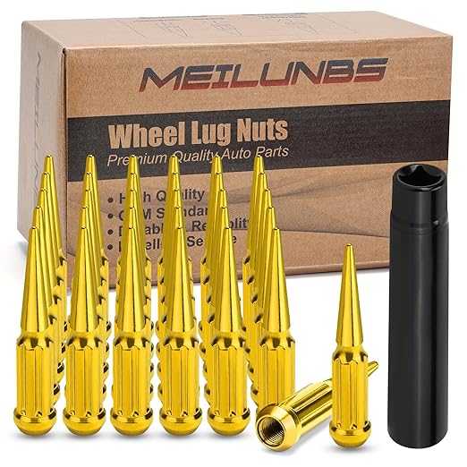 32Pcs M14x1.5 Spike Lug Nuts, 4.4" Tall Acorn Style with Socket Key – Pointed 7-Slotted Wheel Accessories Compatible with Chevy Silverado, Ford F-Series, GMC, Glod