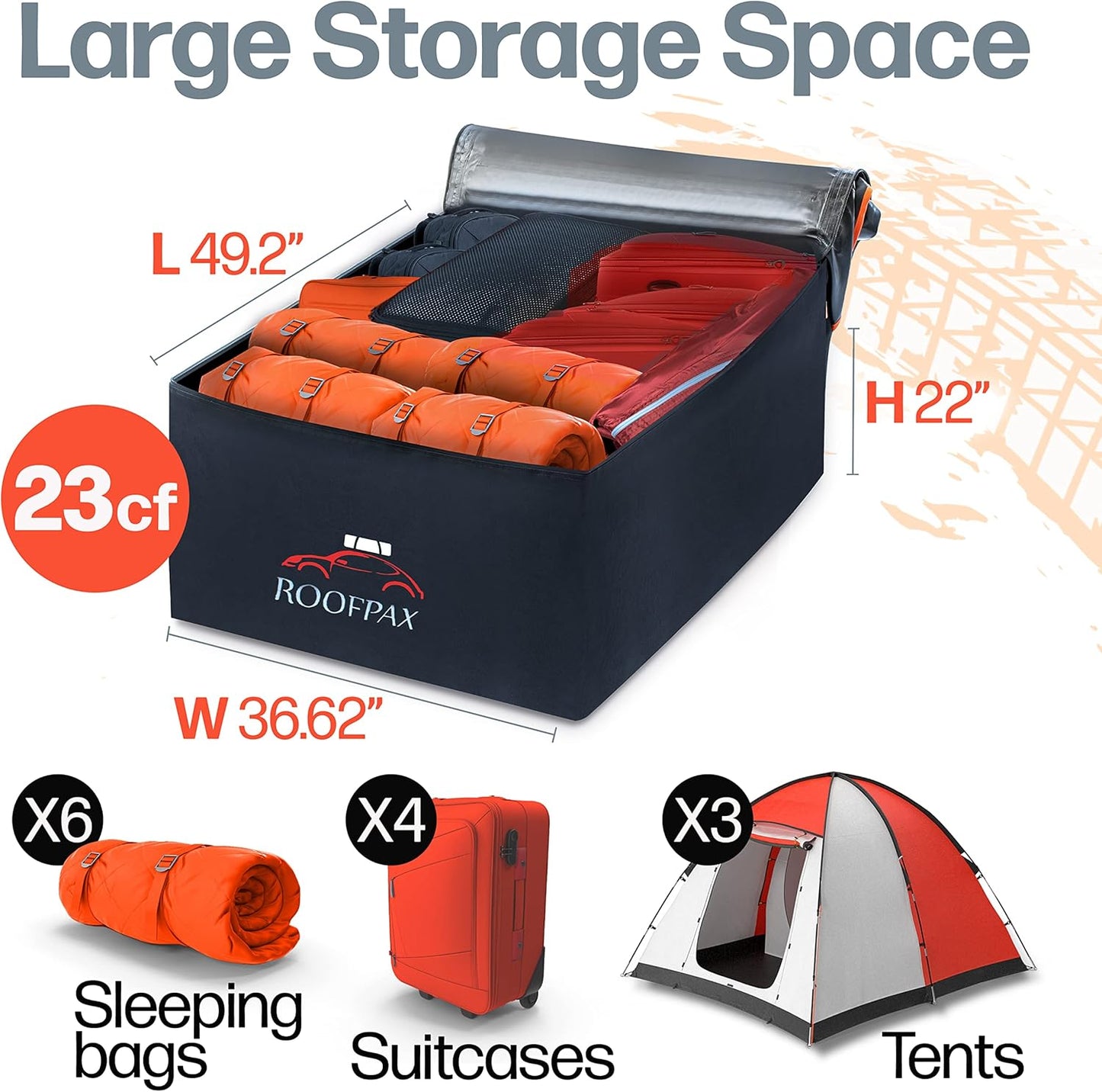 RoofPax 23 cft. Extra Waterproof Rooftop Cargo Carrier Bag, Double Weatherproof Zippers,10 Heavy-Duty Tie-Down Straps fit Cars with/Without a Rack or Side Rails, Safety Hooks Included