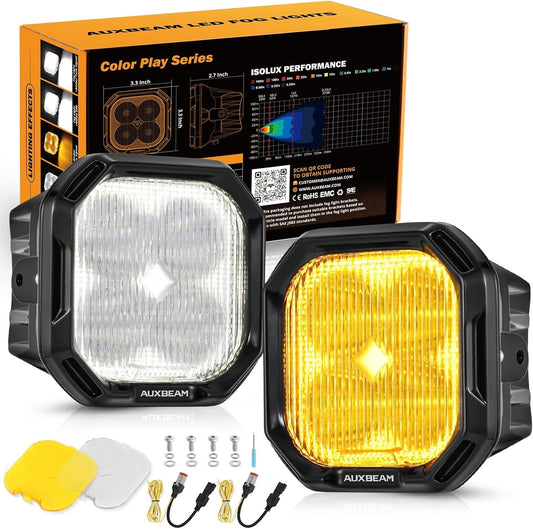 Auxbeam Color Play Series SAE Fog Lights, 3 Inch LED Fog Lights with White DRL & Turn Signal for Ford Honda Nissan Subaru Acura Lexus Toyota, No Brackets Included, Pair