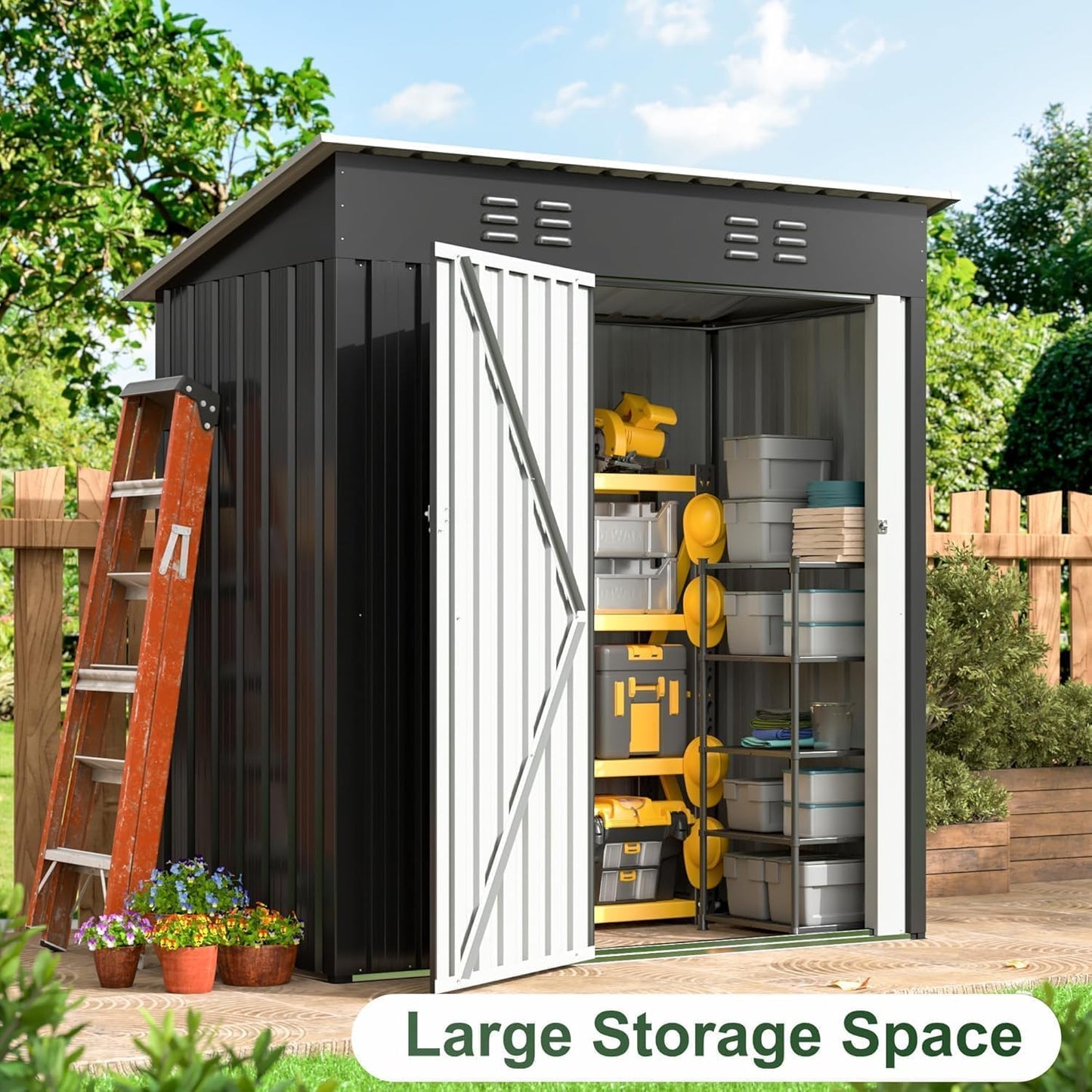WKM 5X3 FT Outdoor Storage Shed, Utility Metal Tool Storage with Lockable Doors and Updated Frame Structure, Metal Garden Shed for Backyard, Patio Lawn, Black